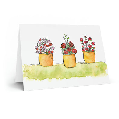 Red Flowers in Yellow Pots Greeting Card
