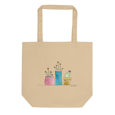 Organic Cotton Tote Bag - 3 Cute Containers of Flowers