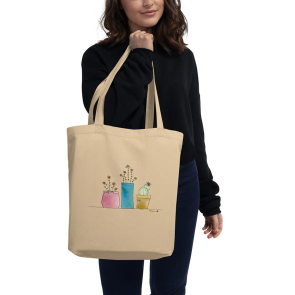 Organic Cotton Tote Bag - 3 Cute Containers of Flowers