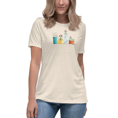 Women's Soft and Comfy Relaxed T-shirt - 4 Cute Flower Containers
