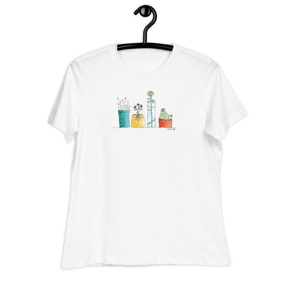 Women's Soft and Comfy Relaxed T-shirt - 4 Cute Flower Containers